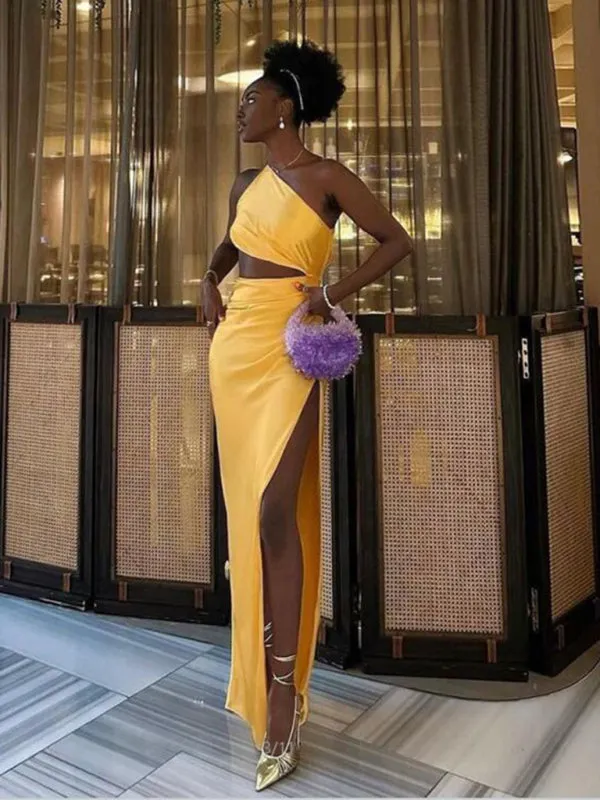 One-Shoulder Backless Maxi Dress with Draped Design