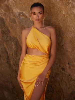 One-Shoulder Backless Maxi Dress with Draped Design