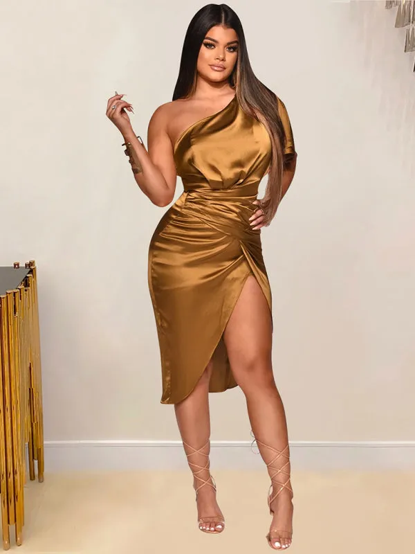 One Shoulder Midi Dress with Ruched Bodice and Side Slit