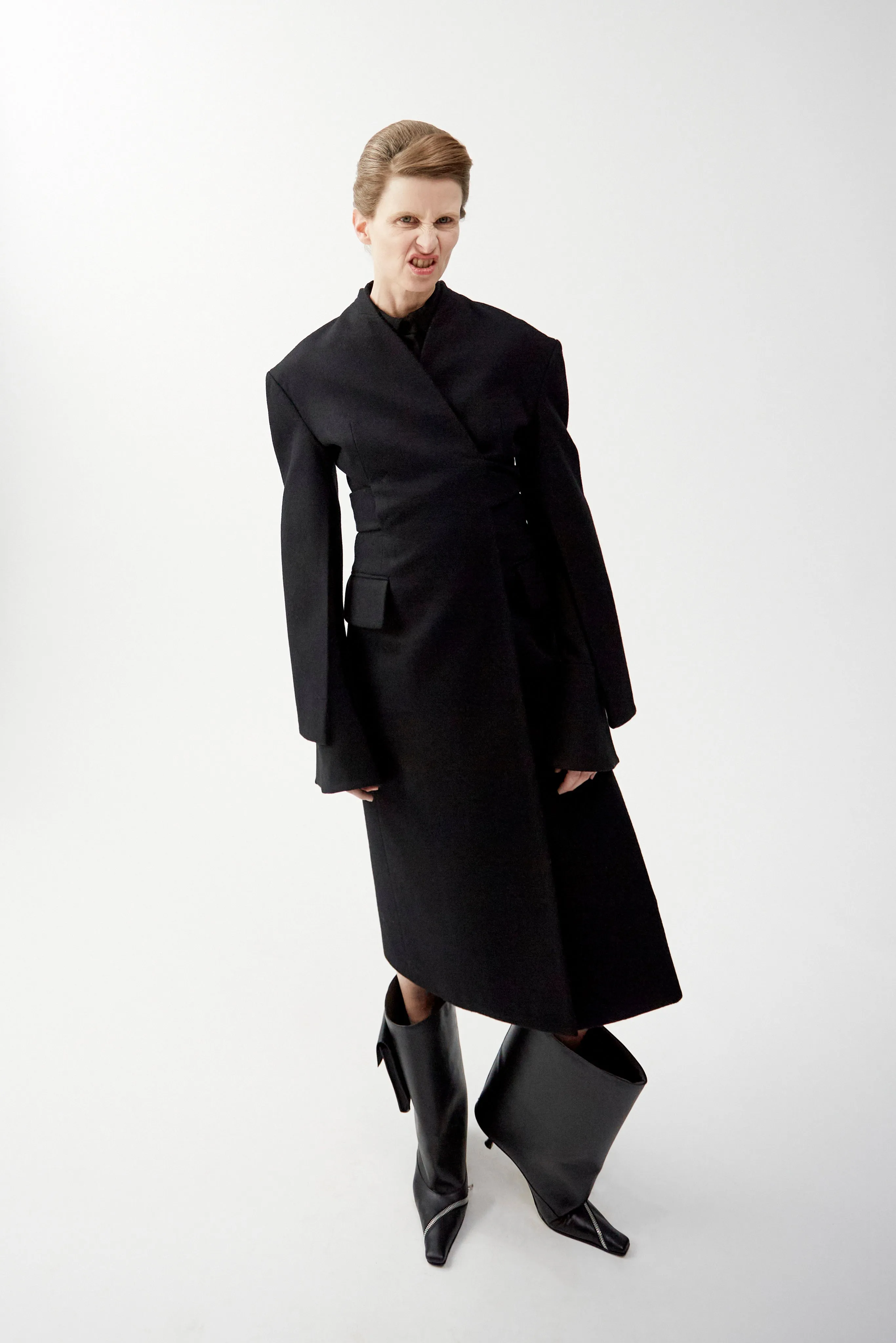 Open Sleeve Belted Wrap Around Fitted Coat Black
