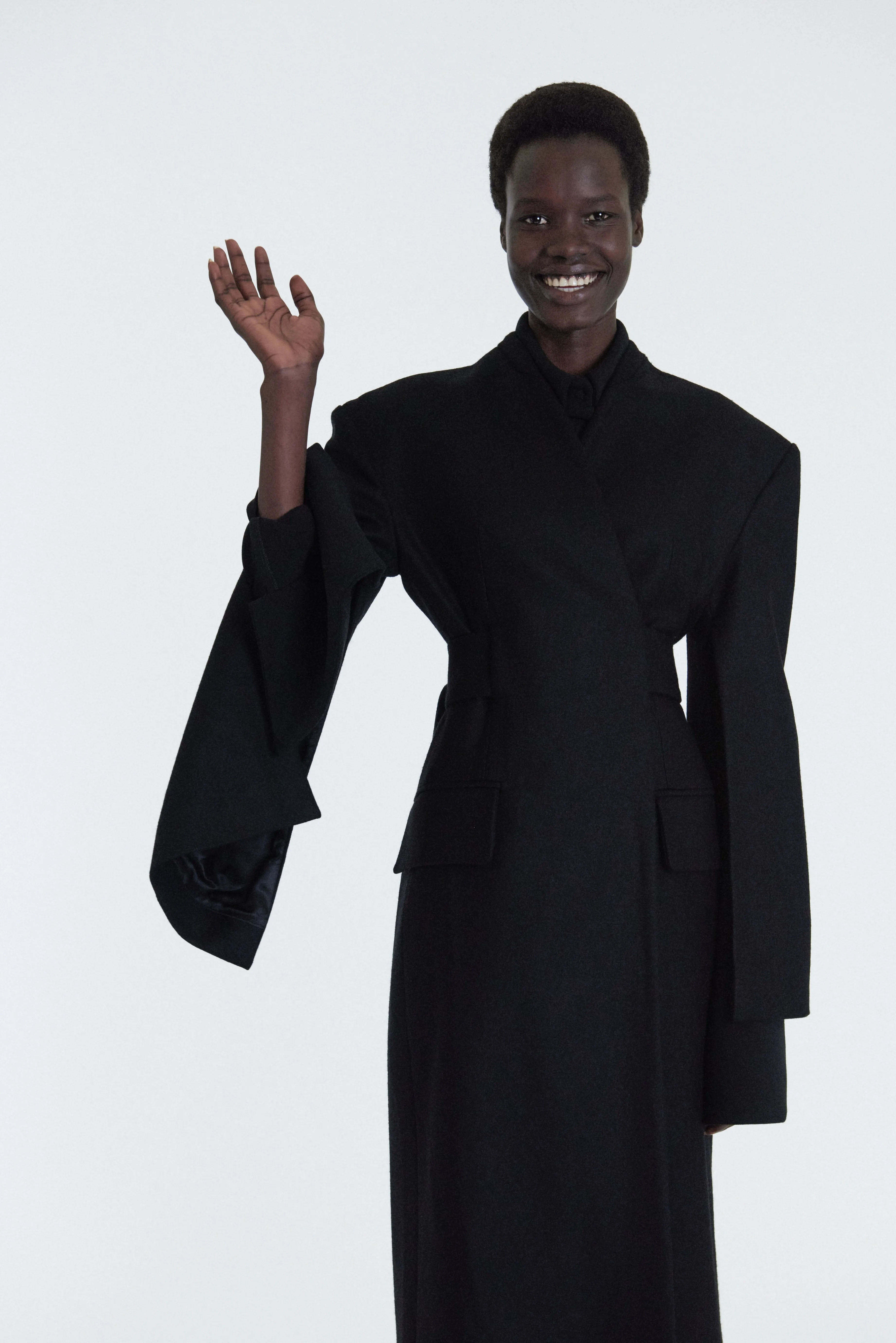 Open Sleeve Belted Wrap Around Fitted Coat Black
