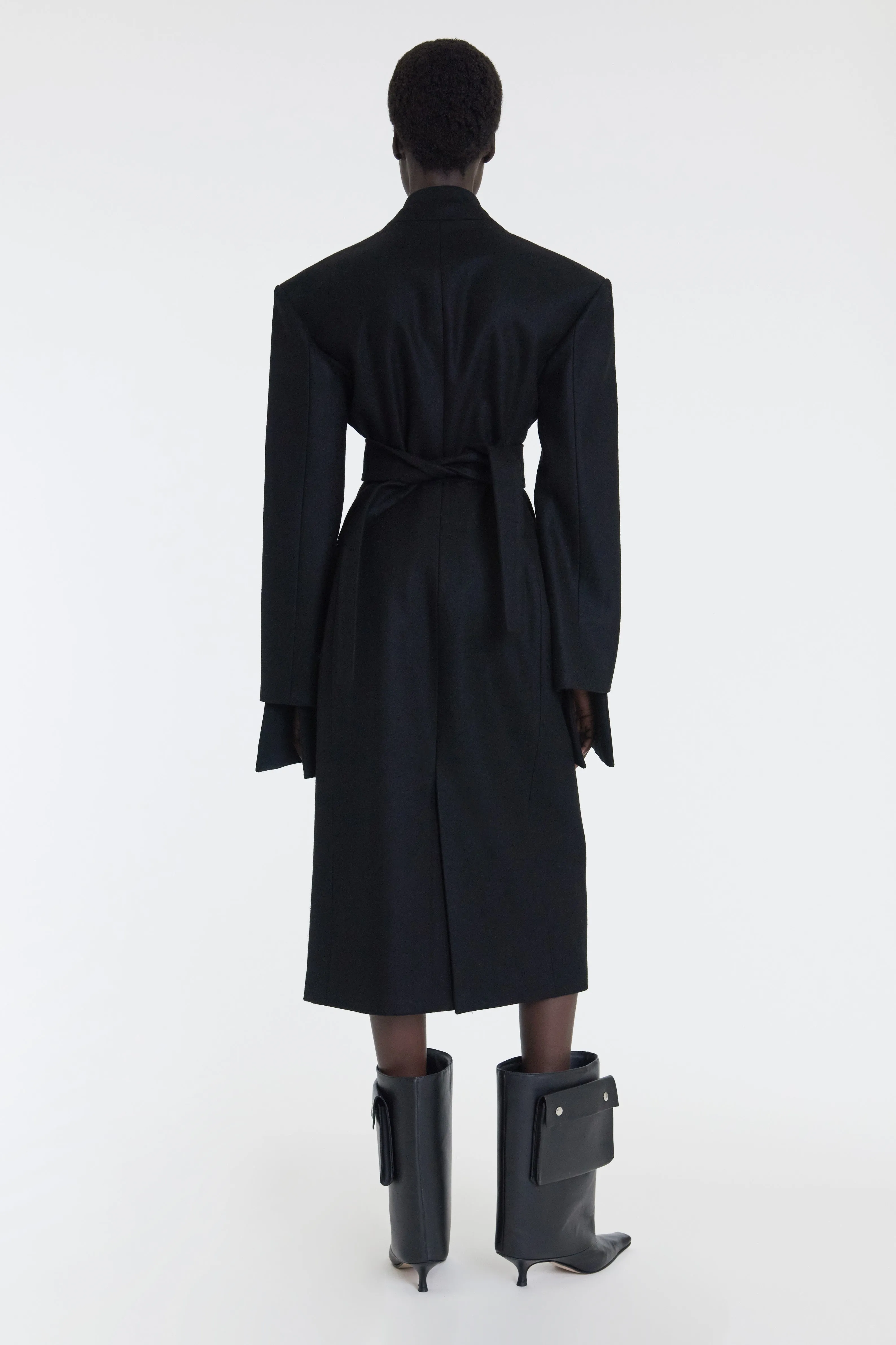 Open Sleeve Belted Wrap Around Fitted Coat Black