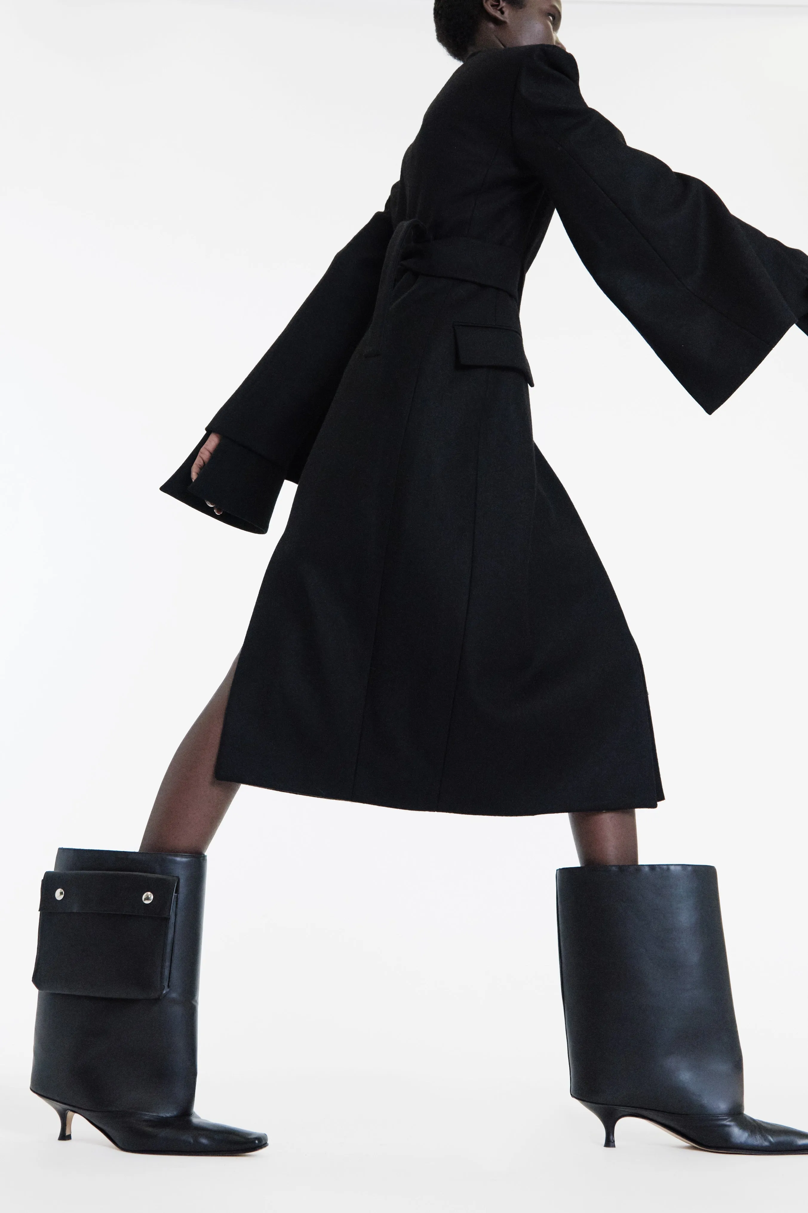 Open Sleeve Belted Wrap Around Fitted Coat Black