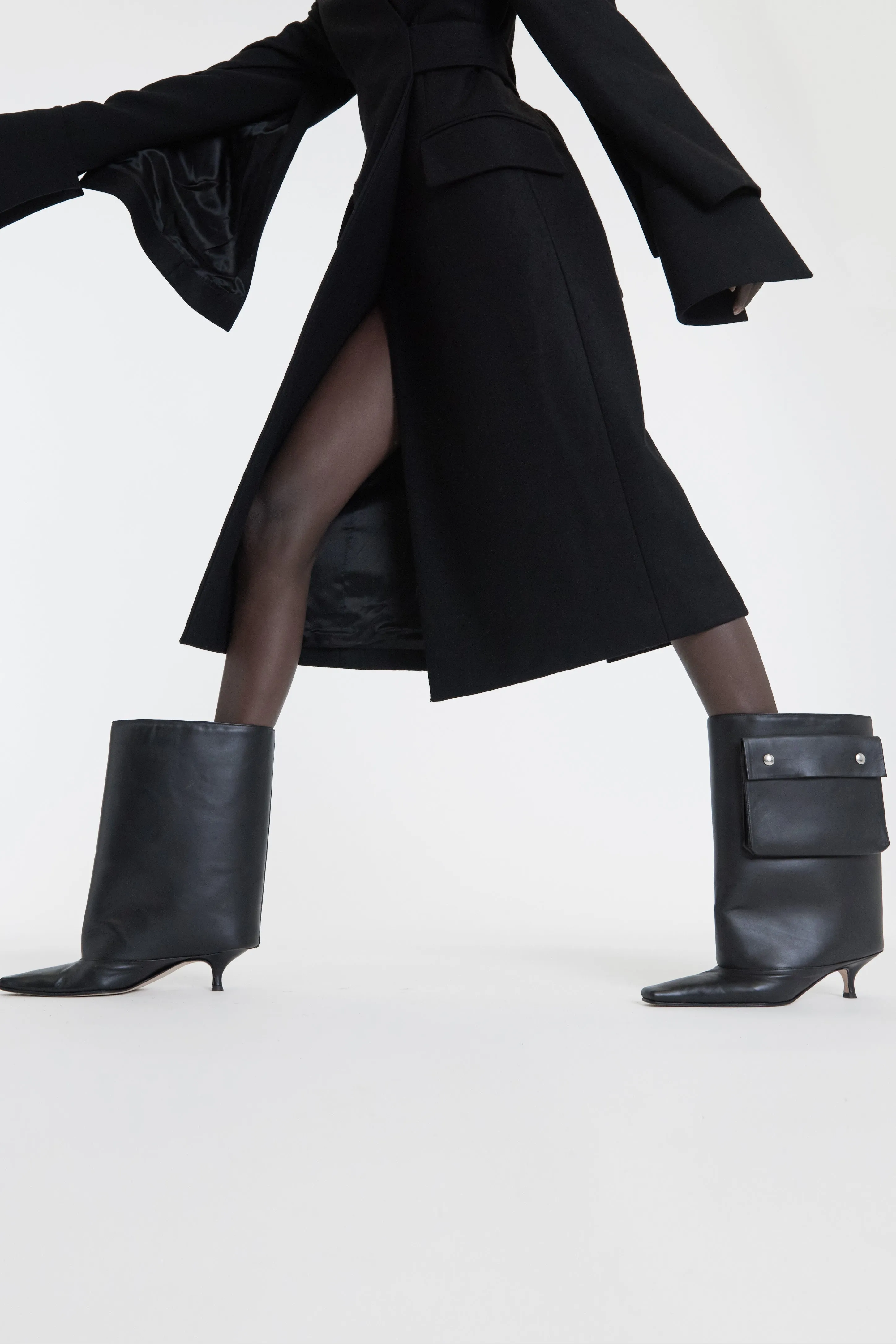 Open Sleeve Belted Wrap Around Fitted Coat Black