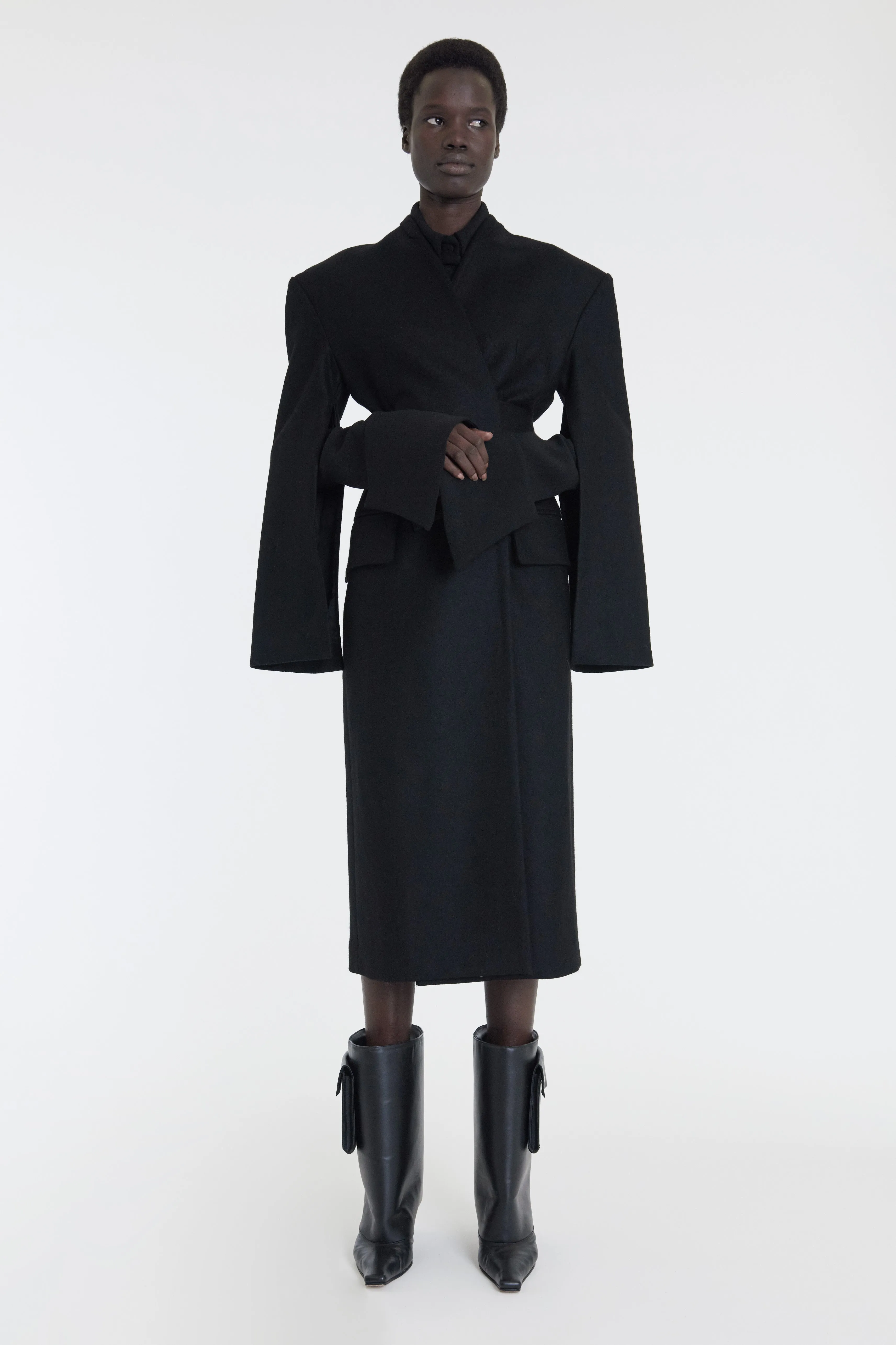 Open Sleeve Belted Wrap Around Fitted Coat Black