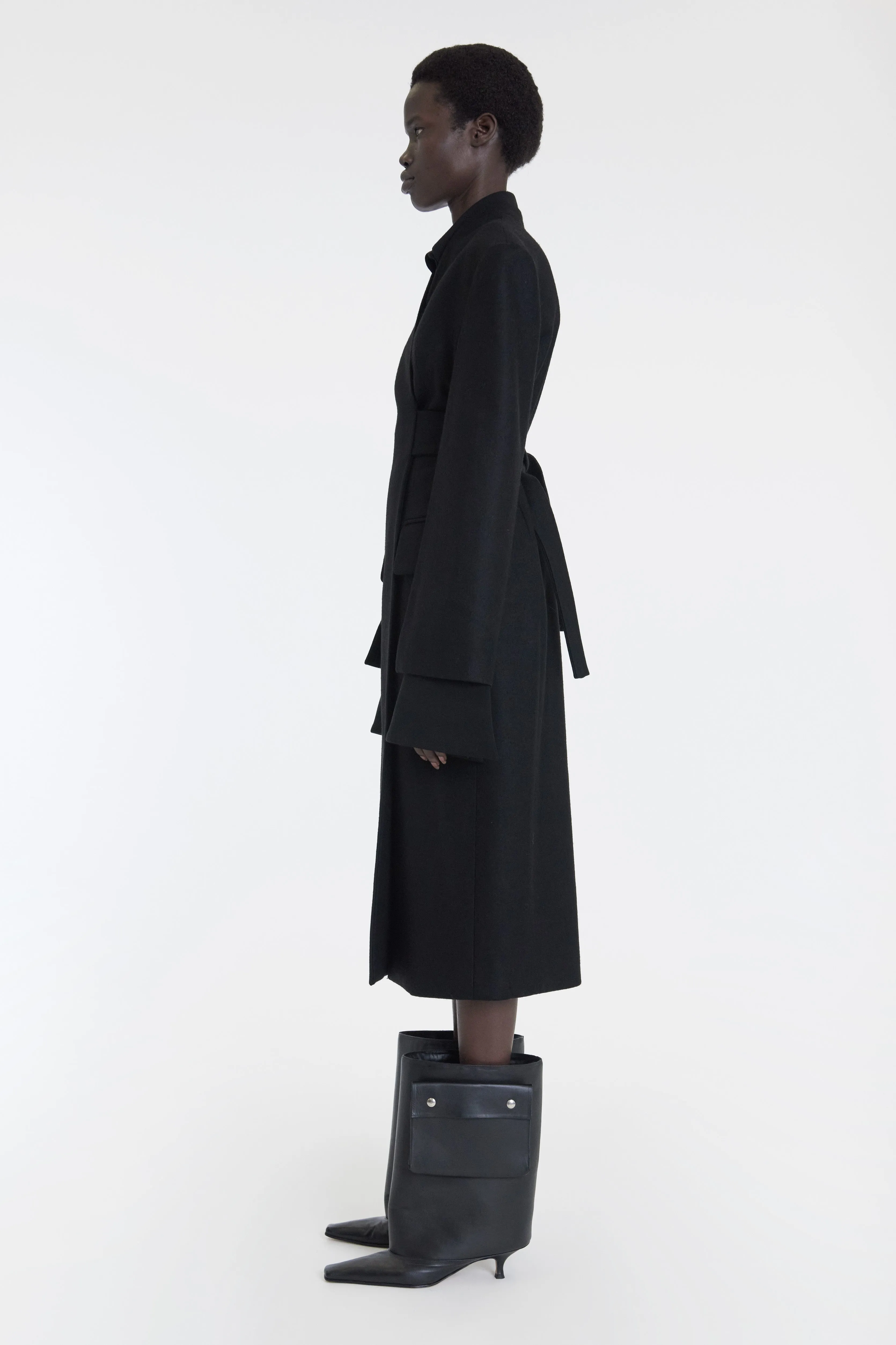 Open Sleeve Belted Wrap Around Fitted Coat Black