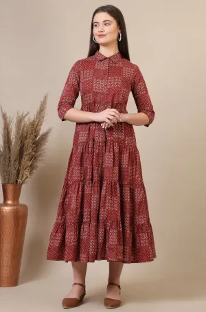 Orange Geometric Printed Pure Cotton Tiered Dress