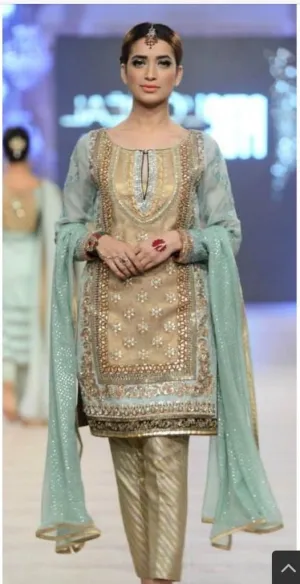 Pakistani Party Dress In Golden And Turquoise Color Model# P 1660