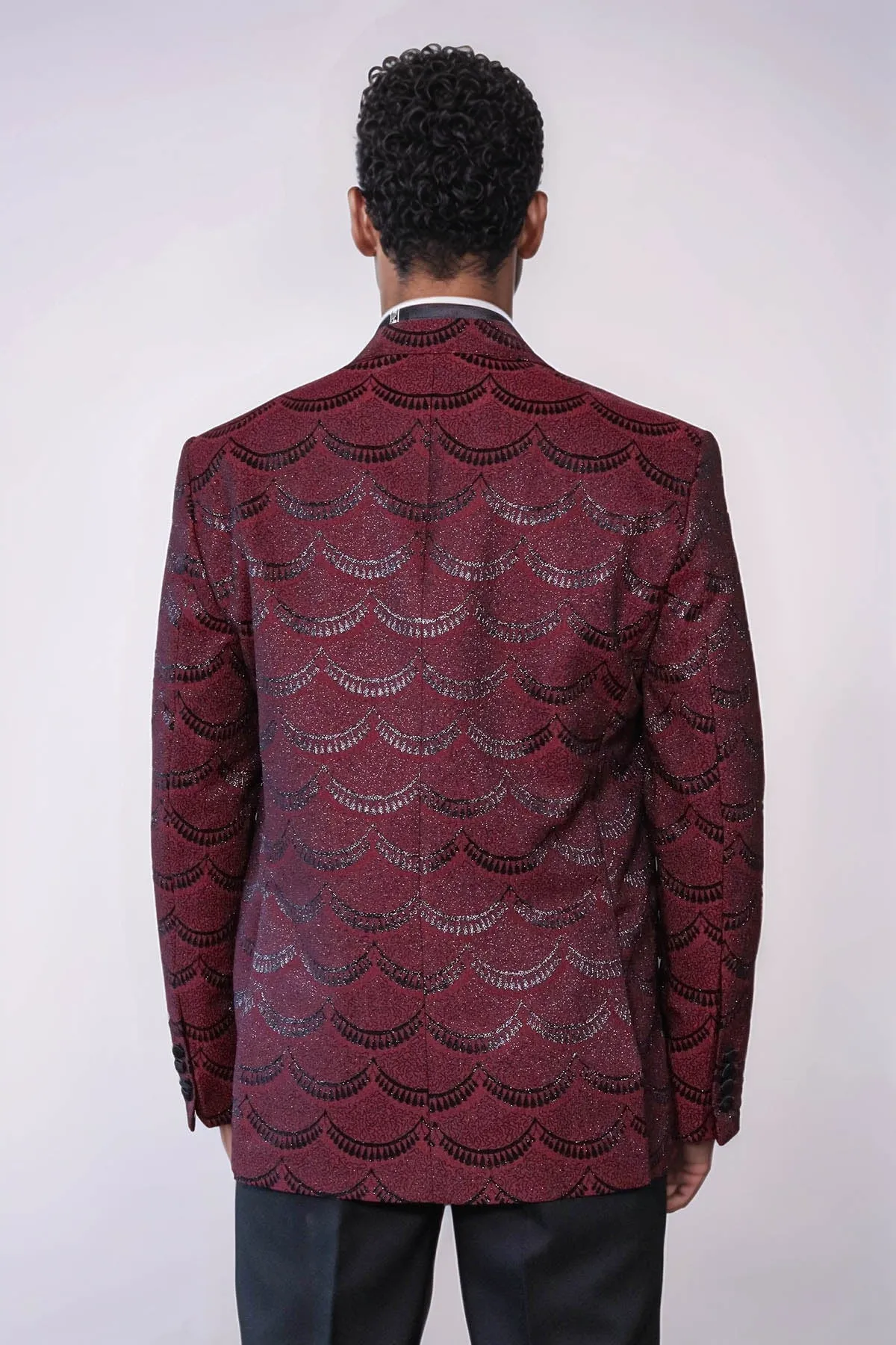 Patterned Slim Fit Burgundy Men Prom Blazer - Wessi