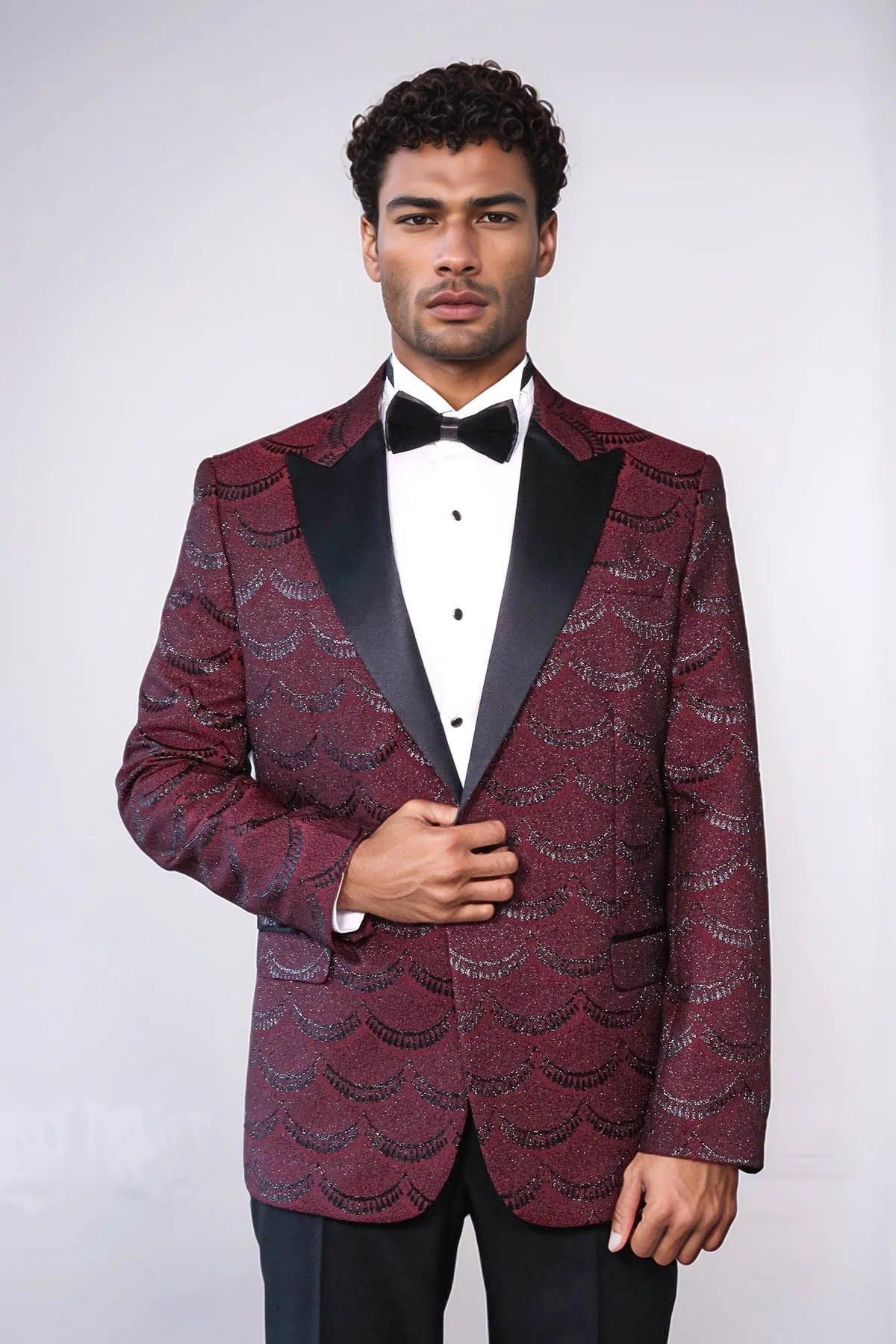 Patterned Slim Fit Burgundy Men Prom Blazer - Wessi