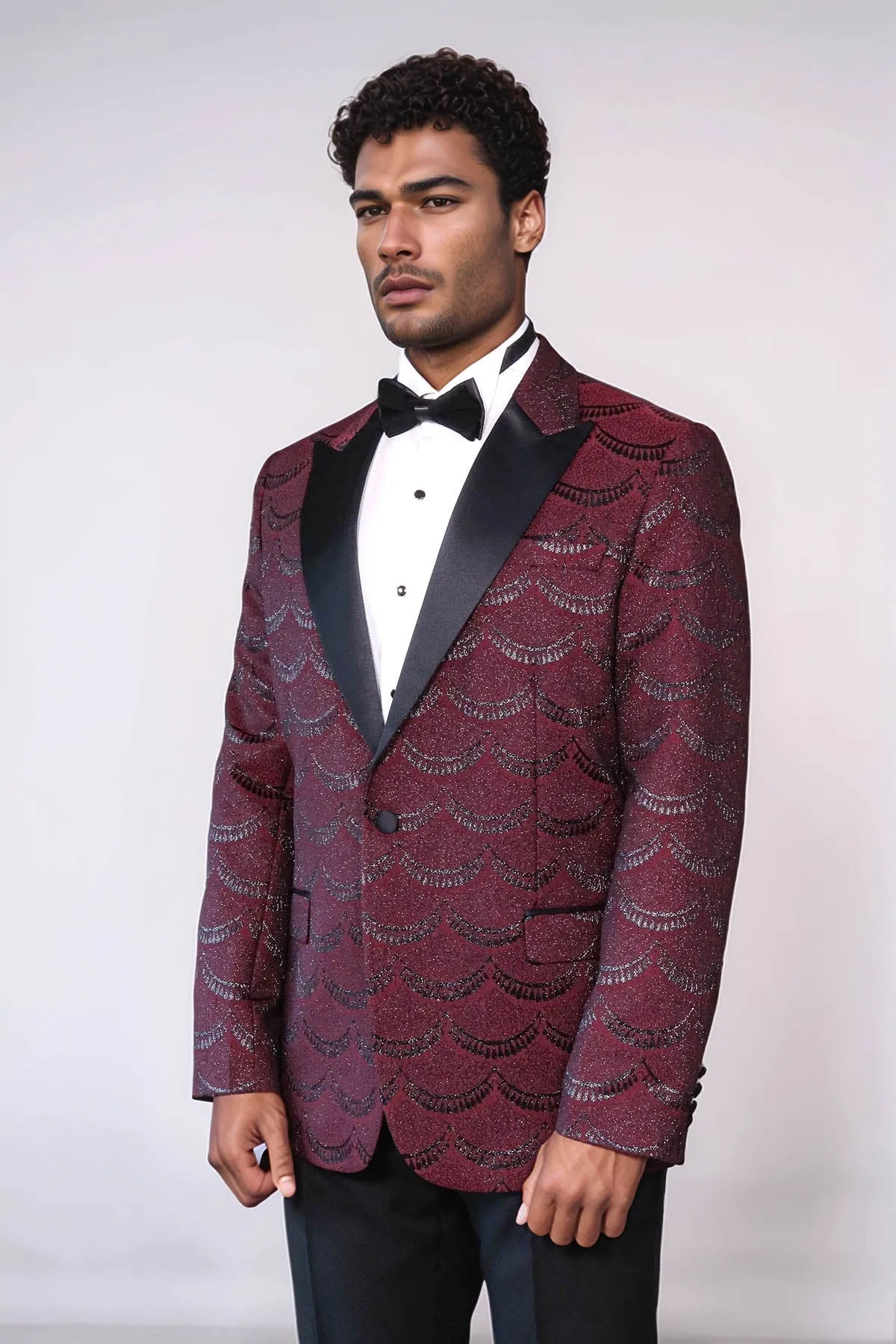 Patterned Slim Fit Burgundy Men Prom Blazer - Wessi