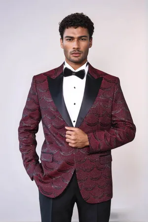 Patterned Slim Fit Burgundy Men Prom Blazer - Wessi