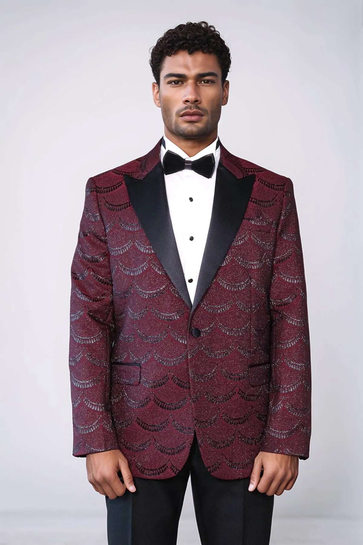 Patterned Slim Fit Burgundy Men Prom Blazer - Wessi
