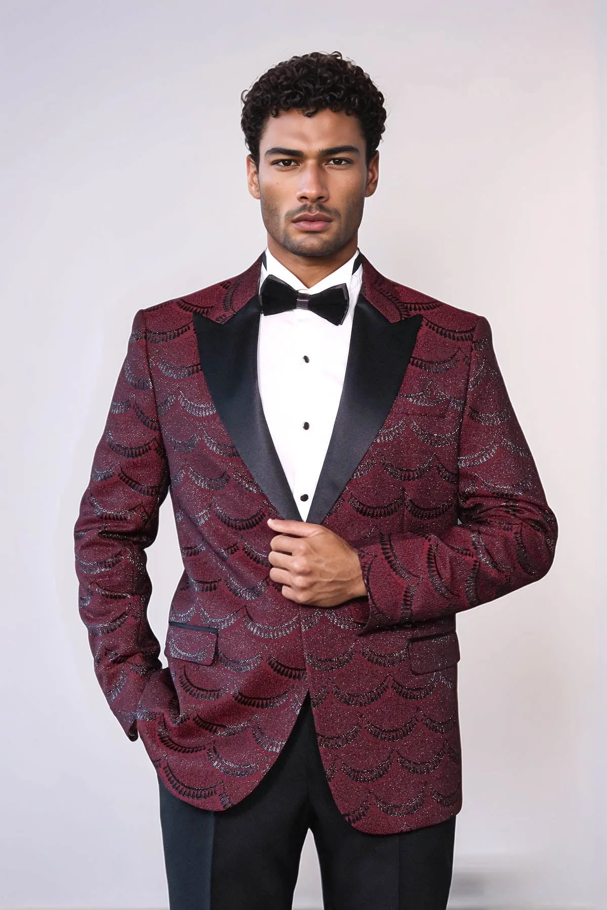 Patterned Slim Fit Burgundy Men Prom Blazer - Wessi