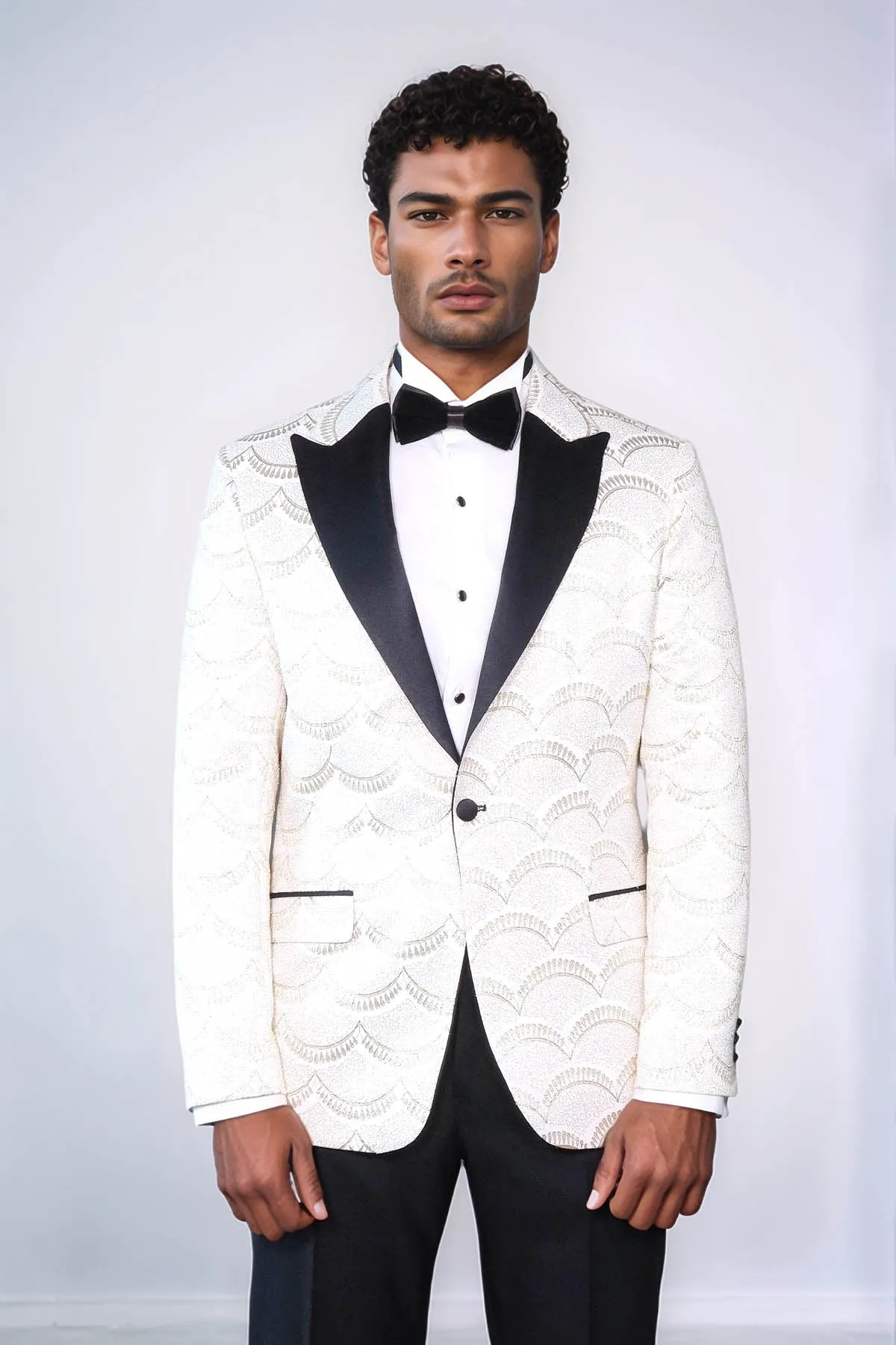Patterned Slim Fit White Men Prom Blazer - Wessi