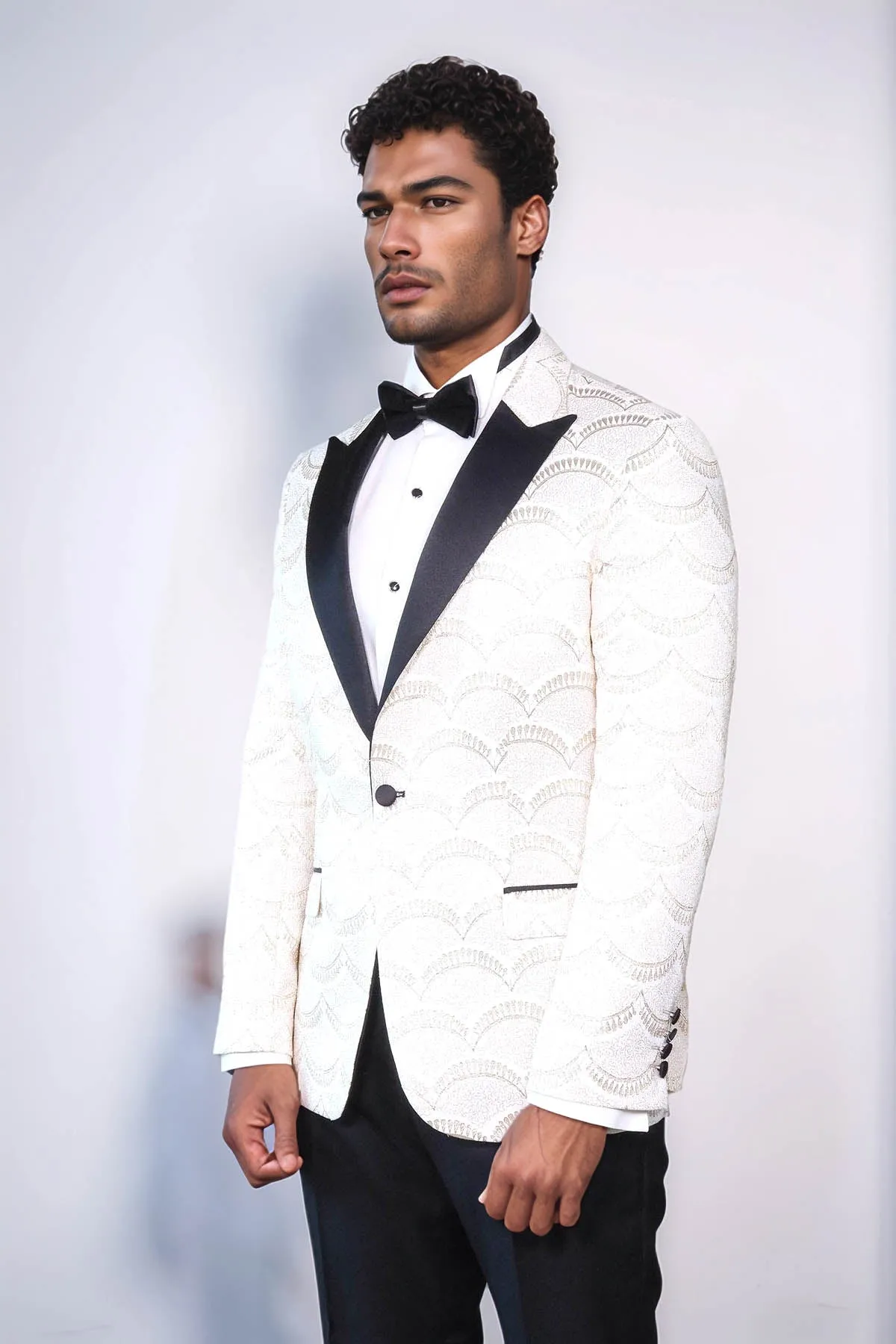 Patterned Slim Fit White Men Prom Blazer - Wessi