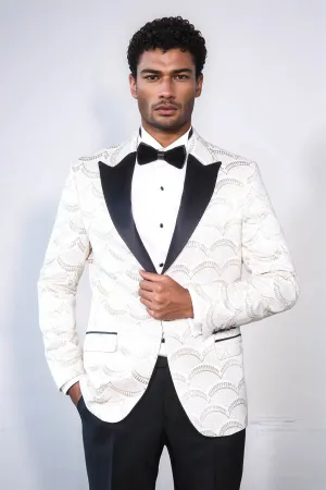 Patterned Slim Fit White Men Prom Blazer - Wessi