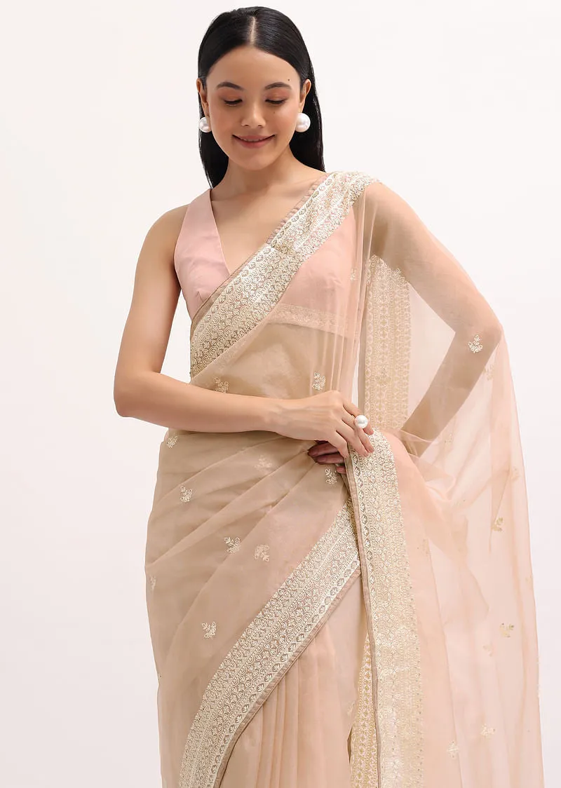 Peach Resham Work Organza Saree