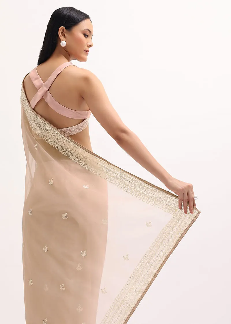 Peach Resham Work Organza Saree