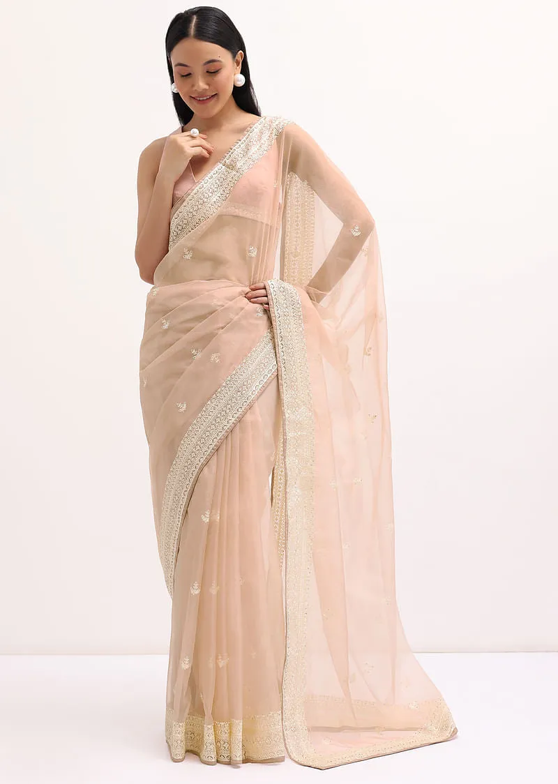 Peach Resham Work Organza Saree
