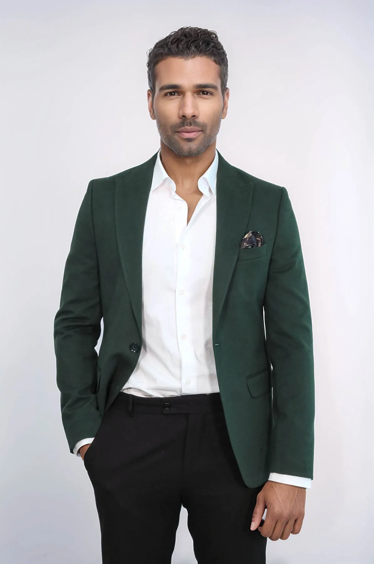Peak Lapel Single Button Plain Green Men Blazer - Wessi