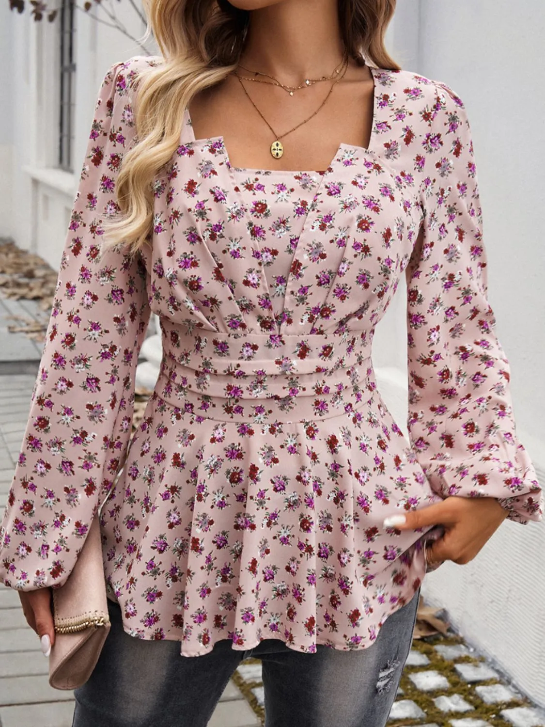 Peplum Printed Long Sleeve Blouse S-XL