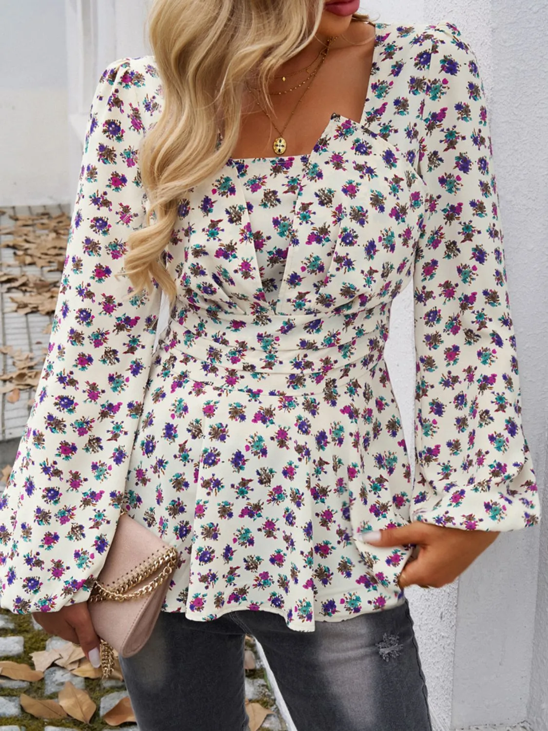 Peplum Printed Long Sleeve Blouse S-XL