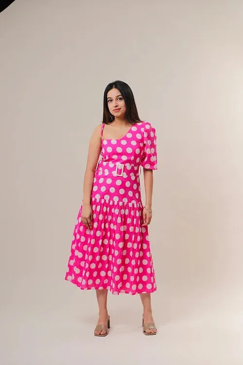 Pink And White Polka Dots Midi Dress
