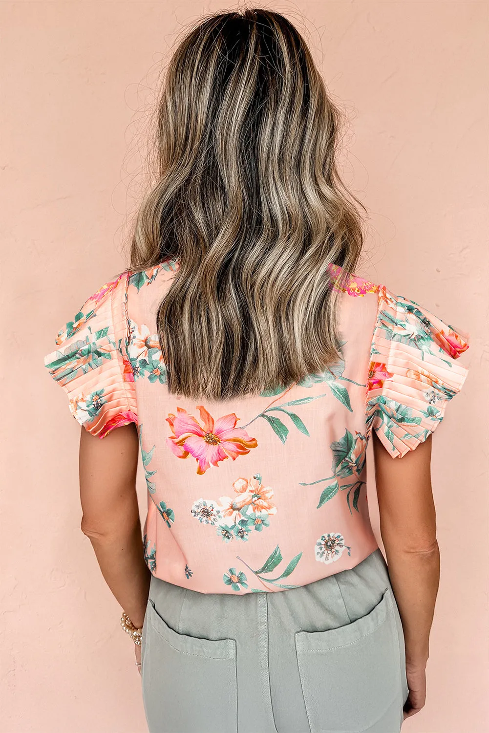 Pink Floral Print Frilled V Neck Pleated Sleeve Blouse