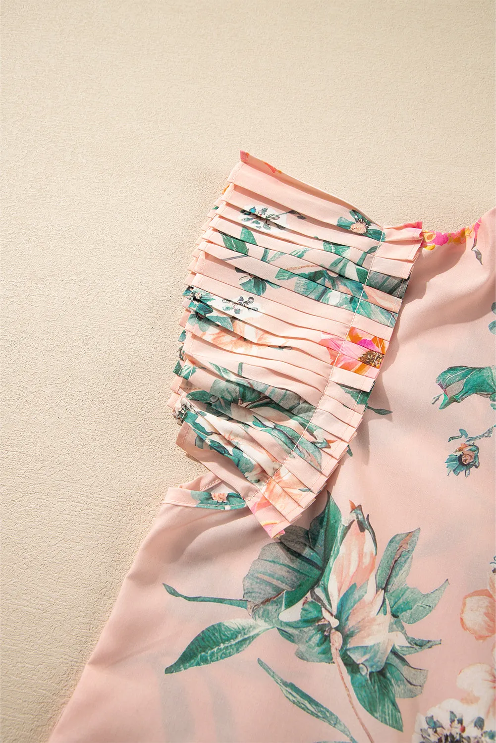 Pink Floral Print Frilled V Neck Pleated Sleeve Blouse