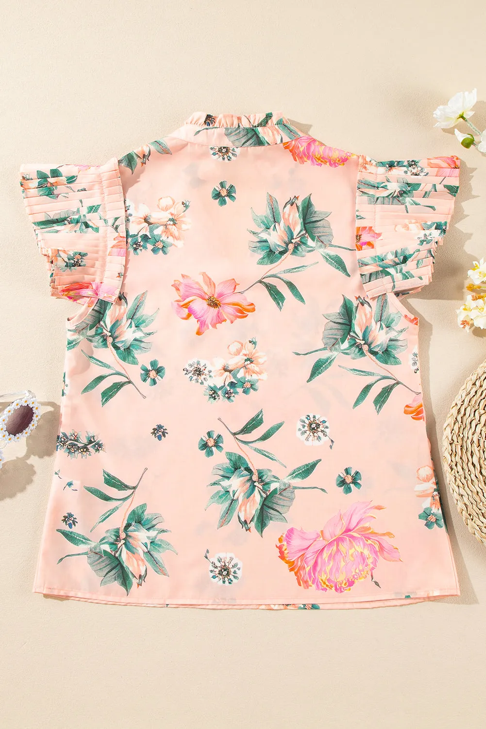 Pink Floral Print Frilled V Neck Pleated Sleeve Blouse