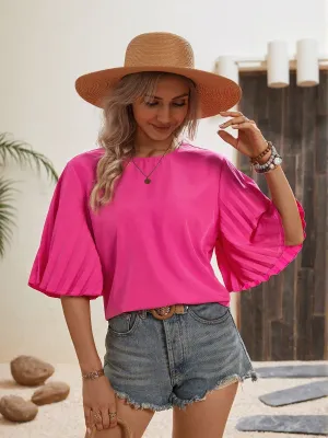 Pink Pleated Sleeve Relaxed Top
