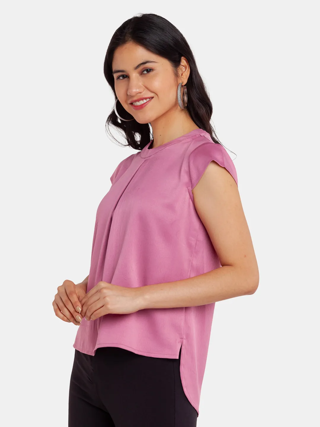 Pink Solid Pleated Top