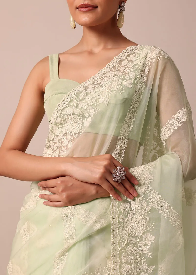 Pista Green Organza Silk Chikankari Saree With Bead Work