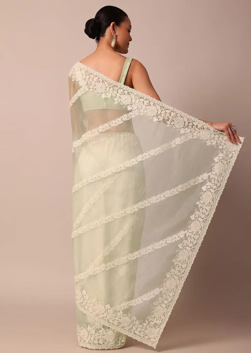 Pista Green Organza Silk Chikankari Saree With Bead Work