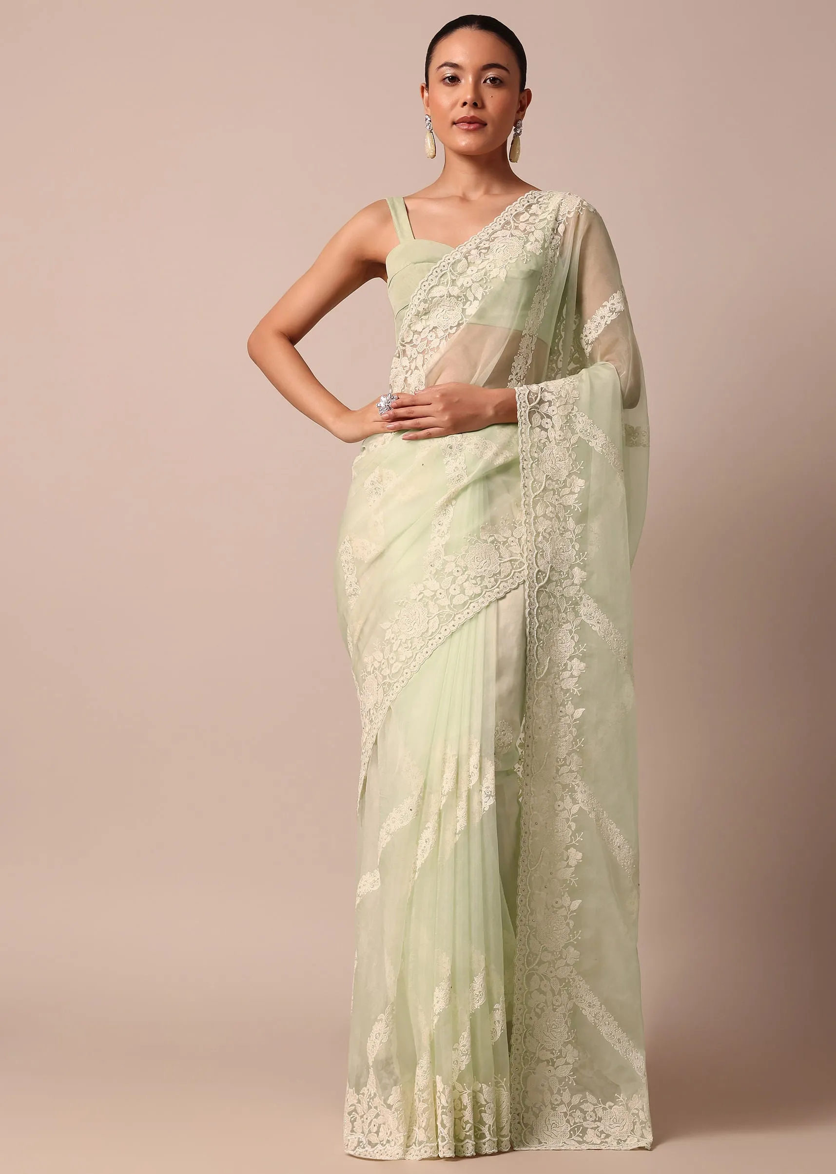 Pista Green Organza Silk Chikankari Saree With Bead Work
