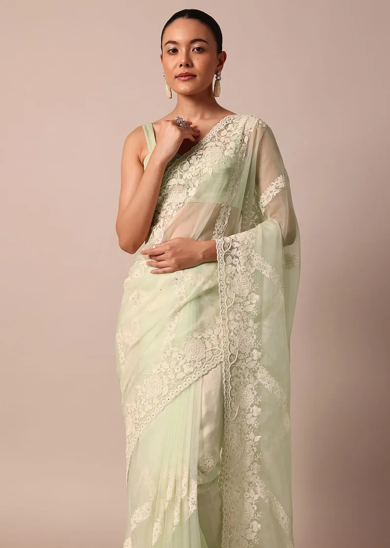 Pista Green Organza Silk Chikankari Saree With Bead Work