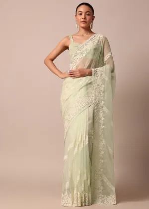 Pista Green Organza Silk Chikankari Saree With Bead Work