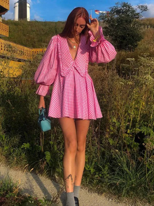 Plaid Mini Dress with Doll Collar and Voluminous Sleeves