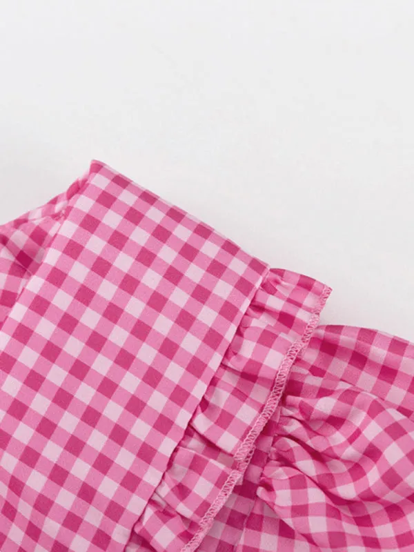 Plaid Mini Dress with Doll Collar and Voluminous Sleeves