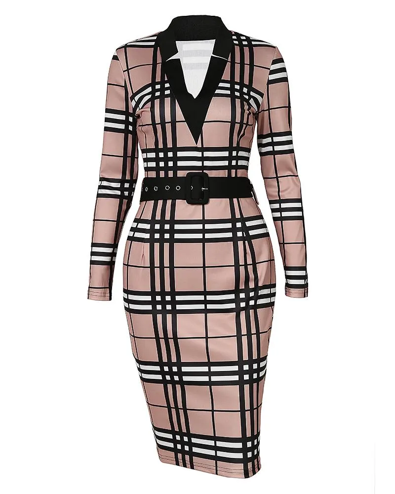 Plaid Print Long Sleeve Belted Work Dress