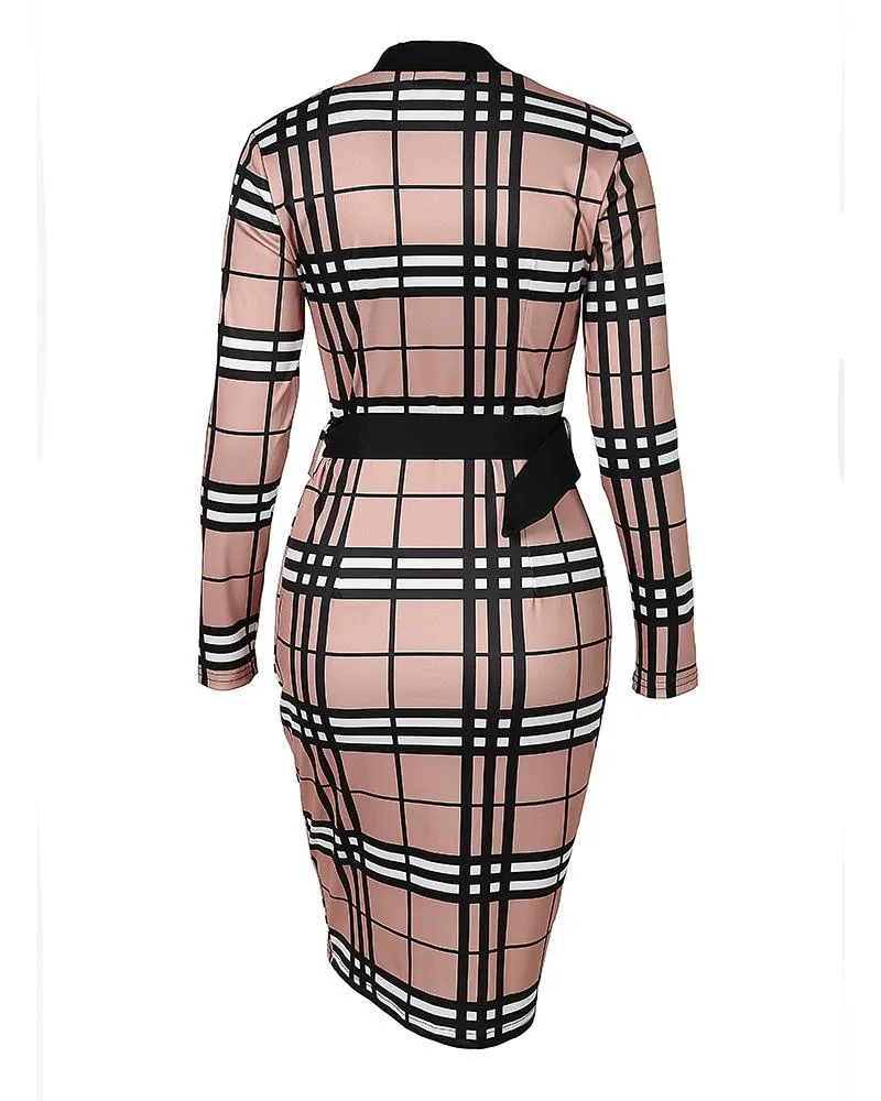 Plaid Print Long Sleeve Belted Work Dress