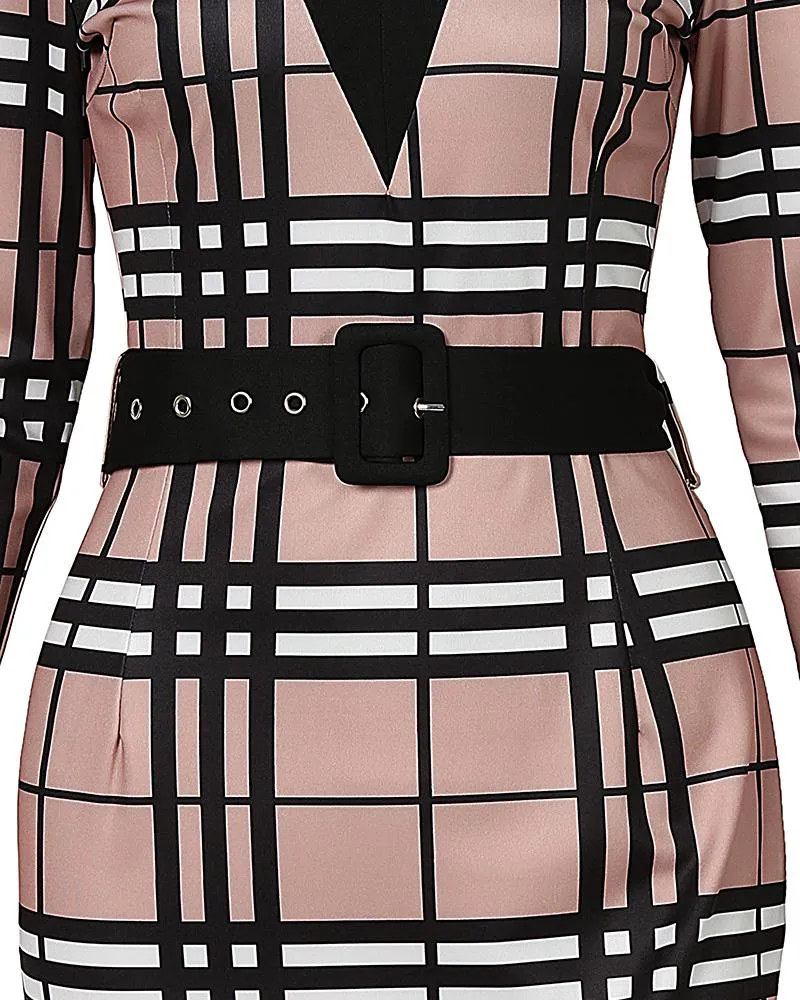Plaid Print Long Sleeve Belted Work Dress