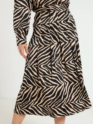 Pleat Panel Satin Midi Skirt - Black/Beige