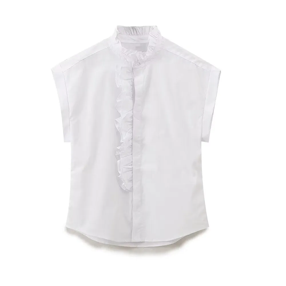 Pleated Cotton Lace Collar Casual Short Sleeve Shirt