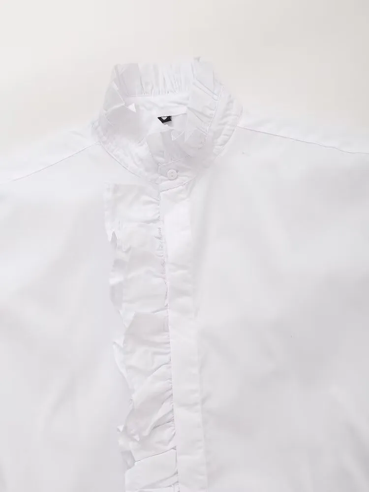 Pleated Cotton Lace Collar Casual Short Sleeve Shirt