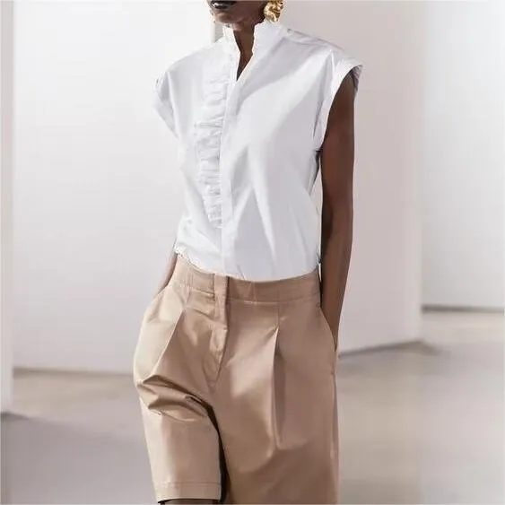 Pleated Cotton Lace Collar Casual Short Sleeve Shirt