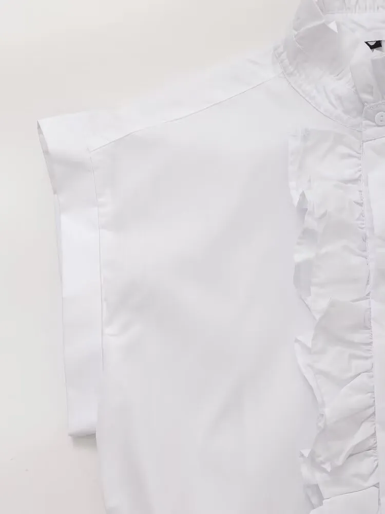 Pleated Cotton Lace Collar Casual Short Sleeve Shirt