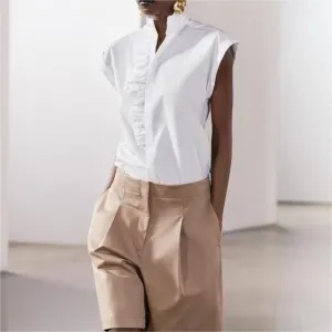 Pleated Cotton Lace Collar Casual Short Sleeve Shirt