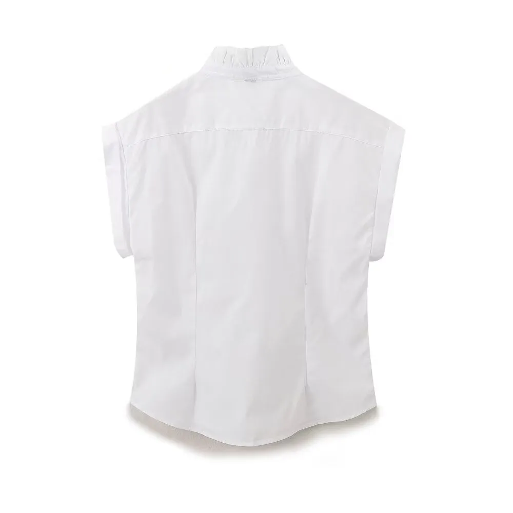 Pleated Cotton Lace Collar Casual Short Sleeve Shirt